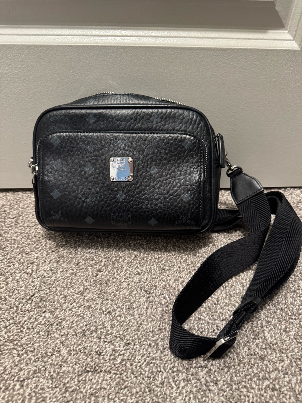 MCM Black Monogram Leather Crossbody Camera Bag